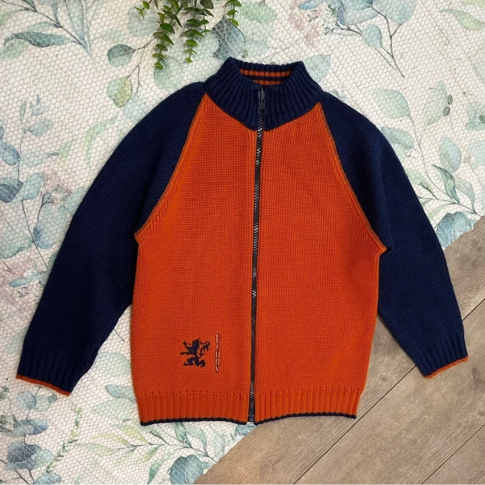 Vintage Boys Orange Navy Blue Knit Sweater Jacket Coat Size Small Netherlands